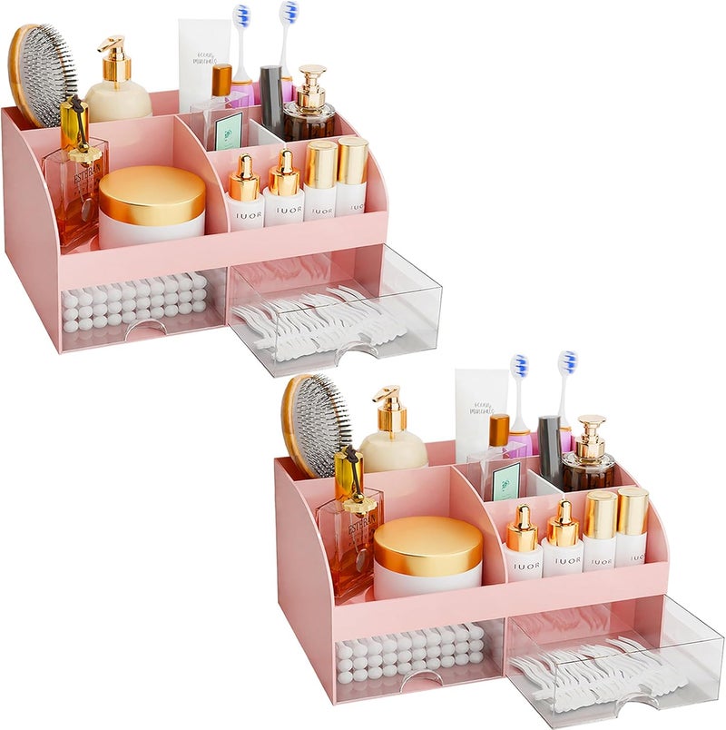 COMFYROOM Makeup Organizer with Drawers, Cosmetic Storage for Dresser Vanity and Bathroom Countertop, Beauty Holder for Lipstick Brush, Skincare Organizer for Vanity, Cosmetic Display Case (Pink-2Pack) - Image 1